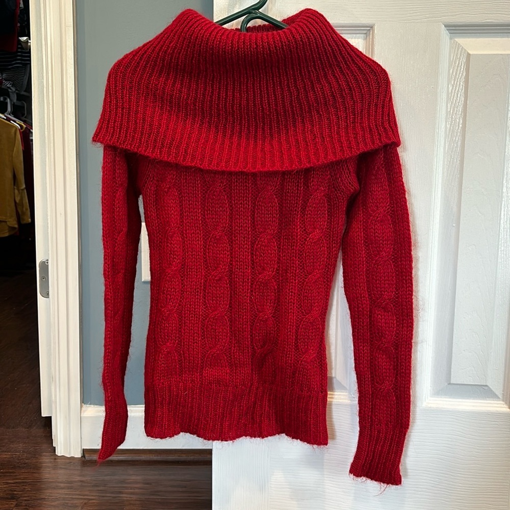 Red Lux cable knit cowl neck mohair sweater
